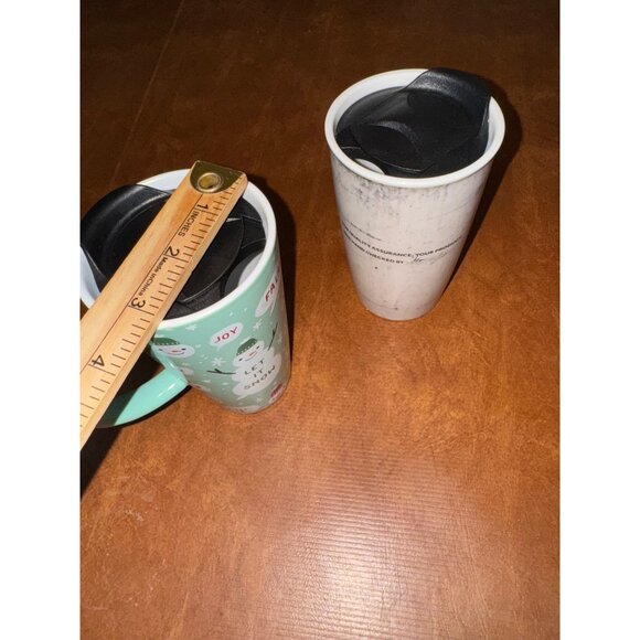 Set Of 2 Holiday Ceramic Travel Mugs With Lids Snowman & Floral Designs 16 Oz - Picture 6 of 7